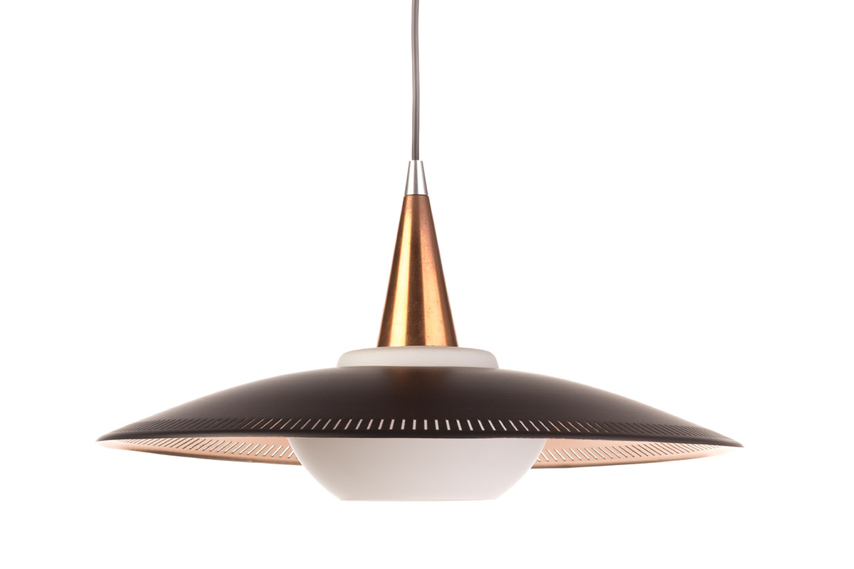 zonnebloem Seminarie gallon Vintage Lyfa pendant in black and copper - Vintage Furniture Base